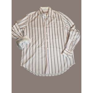 Robert Graham Long Sleeve Button Down Flip Cuff Striped Pink Dress Shirt 41/16